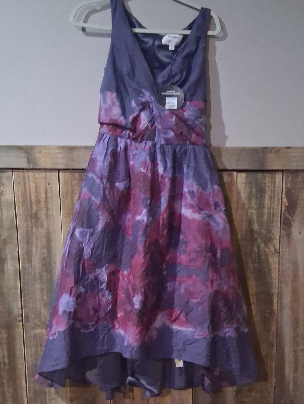 Neiman Marcus Purple and Pink Floral V-Neck A-Line Dress